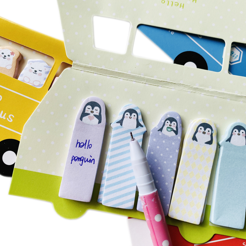 1X Cute Happy Bus Penguin Cat Dog Bear Memo Pad Sticky Note Bookmark Stationery School Supplies Party Wall Decor