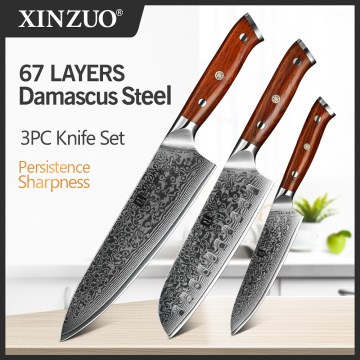 XINZUO 3 PCS Kitchen Knife Set Damascus Steel Professional Santoku Utility Chef's Knives Rosewood Handle Stainless Steel Cutlery
