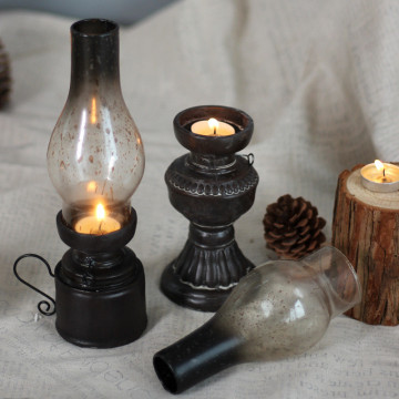 Retro Style Candle Holders Creative Resin Kerosene Lamp Handicraft Exquisite Cabinet Desktop Glass Cover Decoration Candlestick