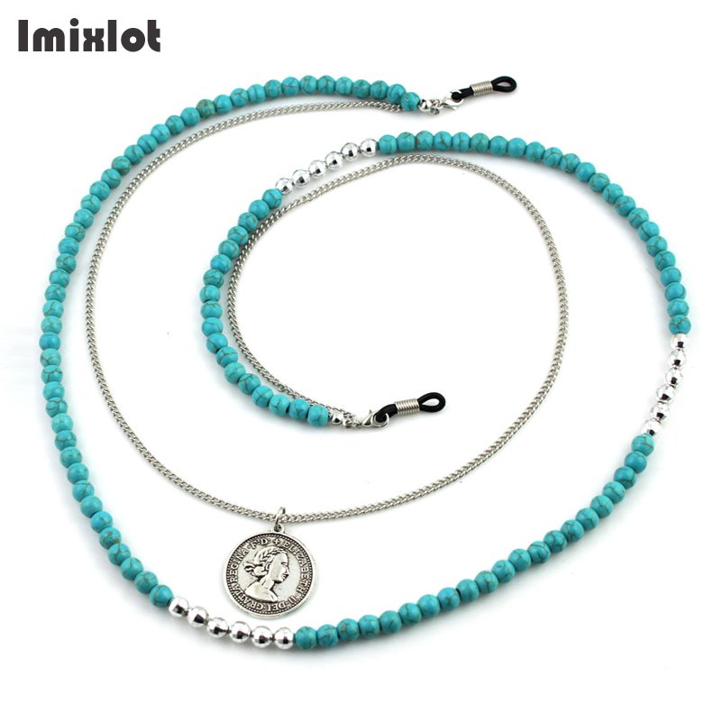 2 Layer Coin Pendant Sunglasses Lanyard Strap Necklace Wooden & Stone Beaded Eyeglass Glasses Chain Cord For Reading Glasses