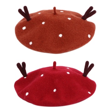 Women Winter Warm Christmas Faux Wool Beret Cap Cute 3D Reindeer Antlers White Dot Vintage Painter Holiday Mushroom Hat