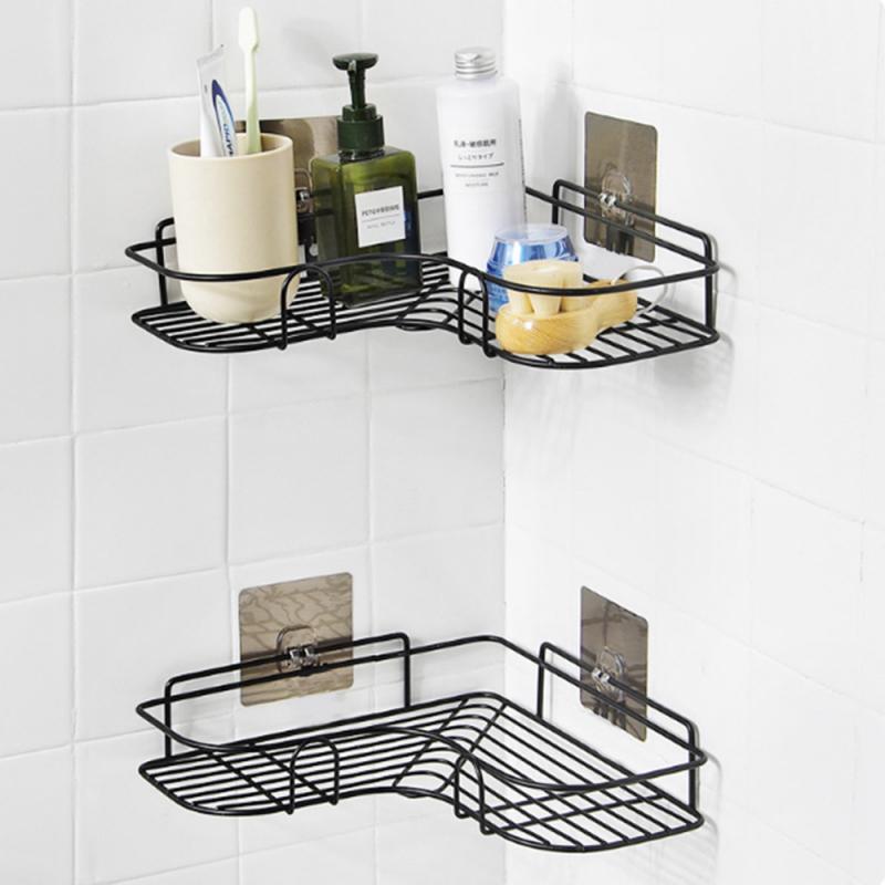 Hot Punch Free Corner Bathroom Shelf Fixtures Wrought Iron Storage Rack With Two Stick For Wall Shelf Bathroom Kitchen Holder