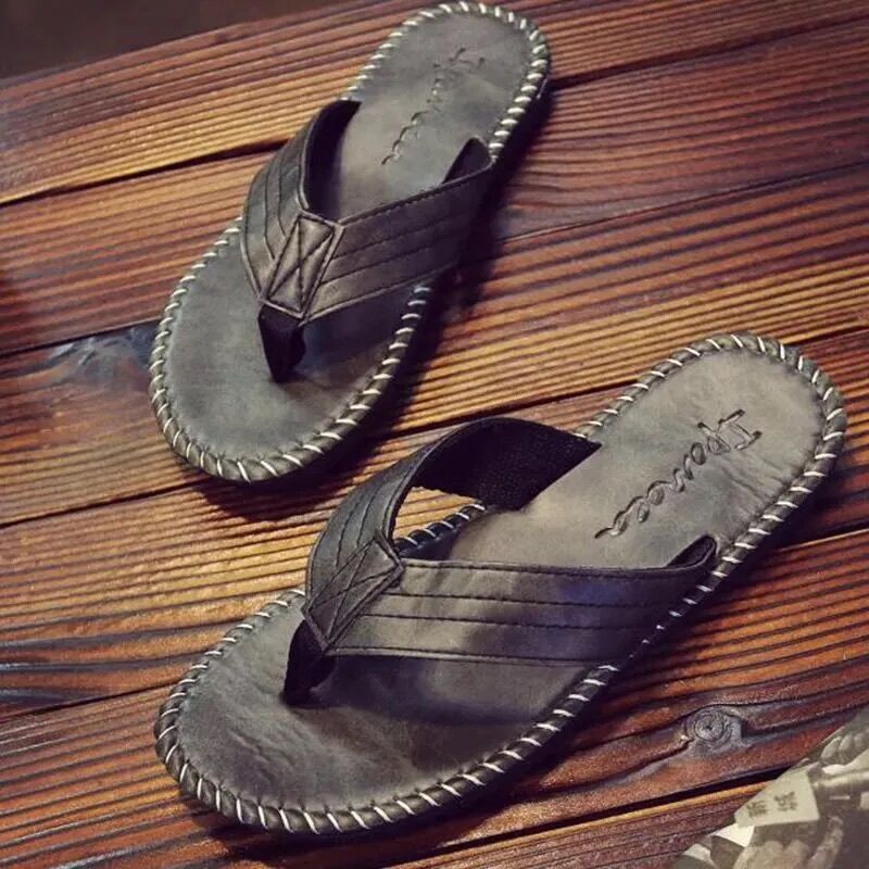 Coslony Men Slippers Leather pu Flip Flops Men Summer 2020 trending Beach Cool Anti Slip Solid Shoes Men luxury slides for men