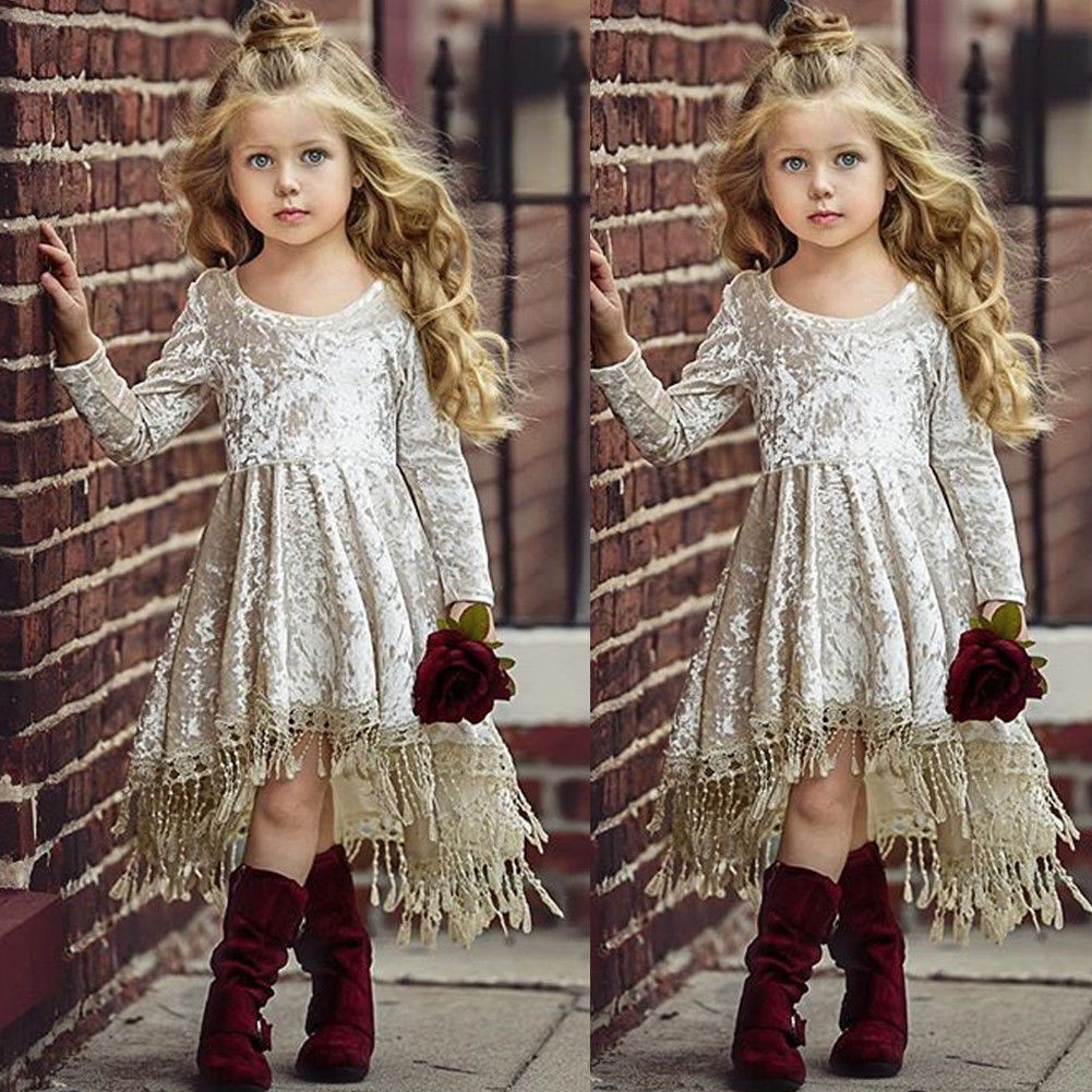 2018 Brand New Toddler Infant Child Kids Velvet Tassel Baby Dress Girls Dress Princess Bridesmaid Pageant Longsleeve Dress 6M-5T