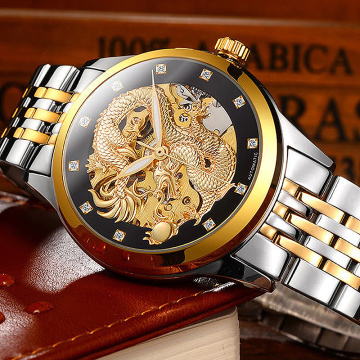 Business Mechanical Watches Mens Skeleton Tourbillon Automatic Watch Men Gold Stainless Steel Waterproof Relojes Hombre