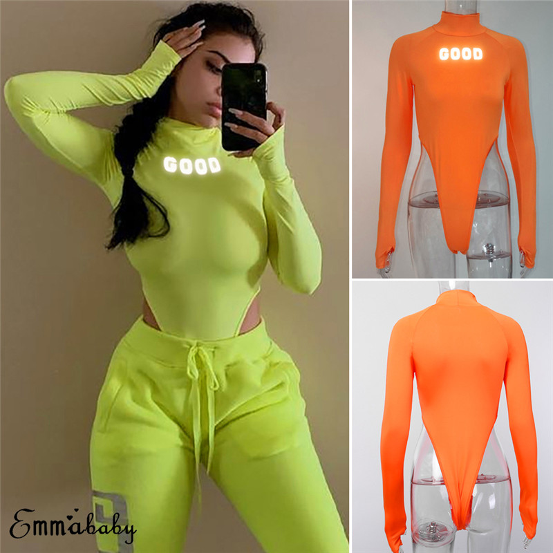 hirigin Sexy Women Reflective Letter Print Neon Green Playsuit Bodysuit Clubwear Long Sleeve Autumn Slim Jumpsuit Rompers Tops