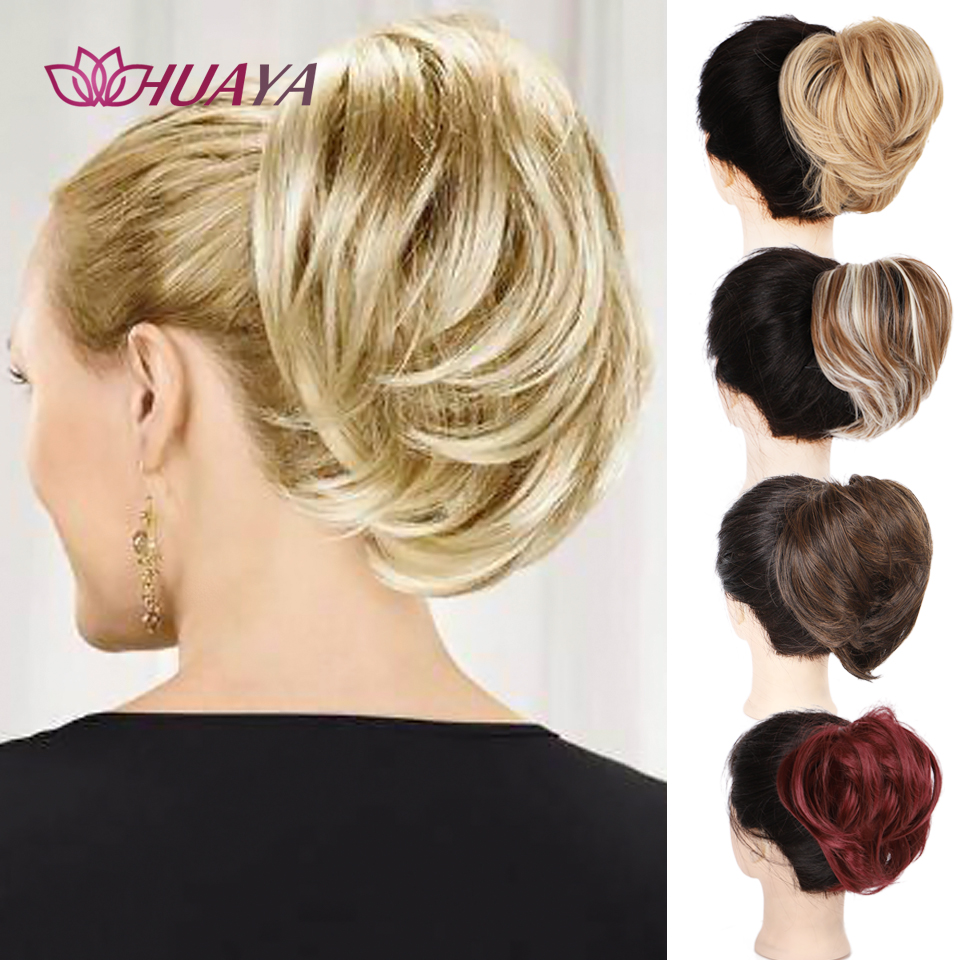 HUAYA Synthetic Curly Chignon Messy Scrunchie with Elastic Rubber Band Short Straight Updo Hairpieces Buns Wrap on Ponytail