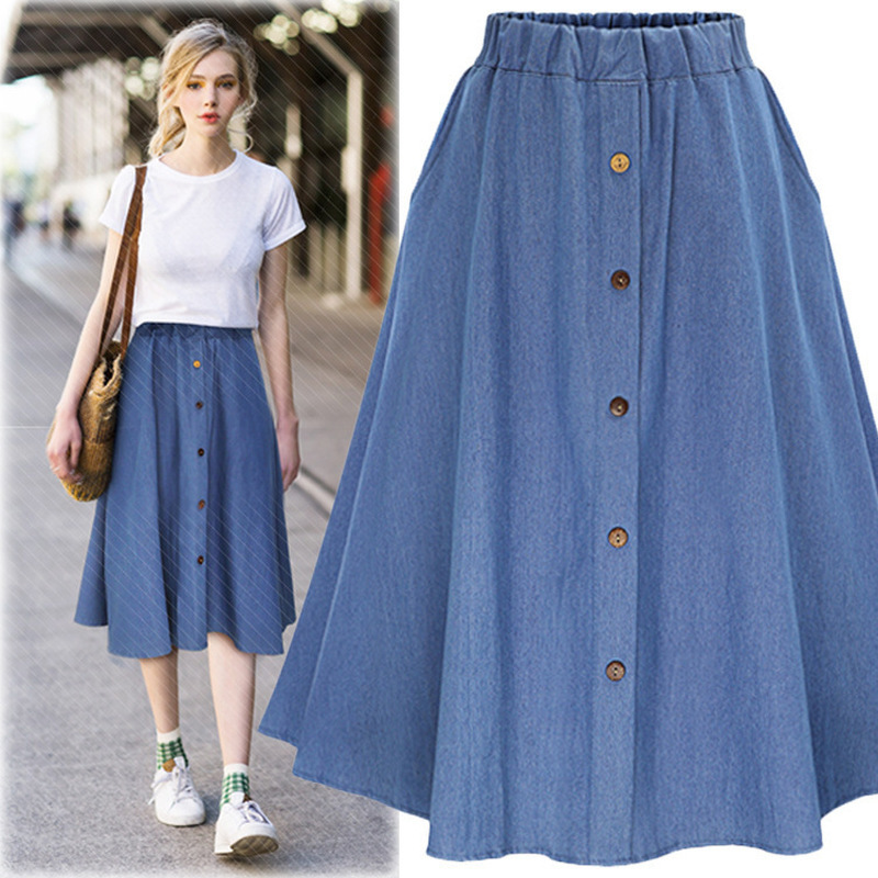 Classic Summer Denim Skirts Womens Pleated Knee Length Jeans Skirt Sweet Solid Casual Button Long Skirt Women Loose Party Skirts