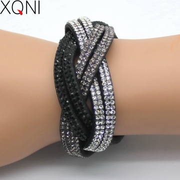 XQNI Brand Classic Female Leather Bracelet Bangles 18cm High Quality Rhinestone Wrap Charm Crystal Women Bracelet Jewelry