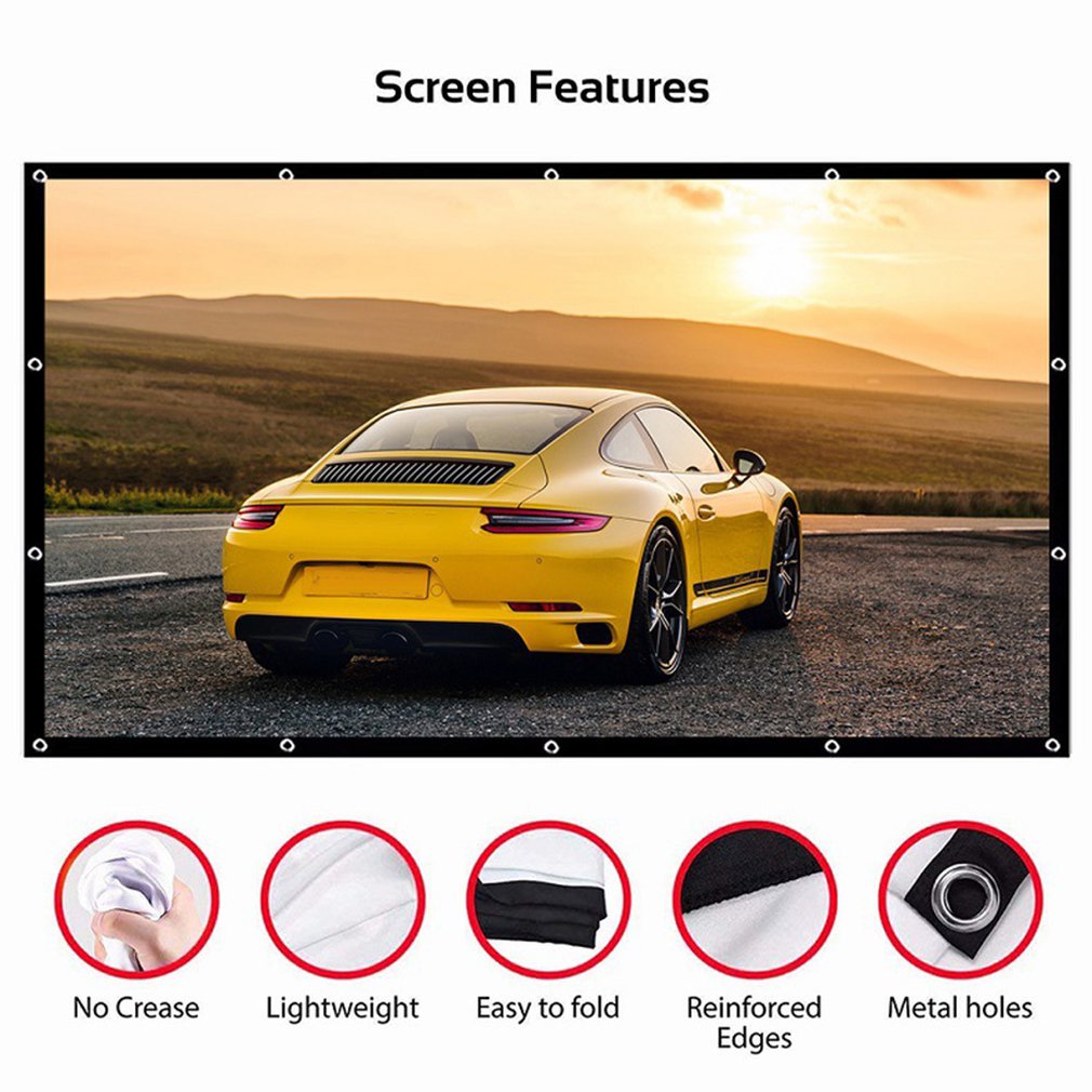 Soft 16: 9 Projection Screen Cloth 4K 3D HD Projector Movie Outdoor Screen 60/72/84/100/120/150 inch Foldable for Home Camping