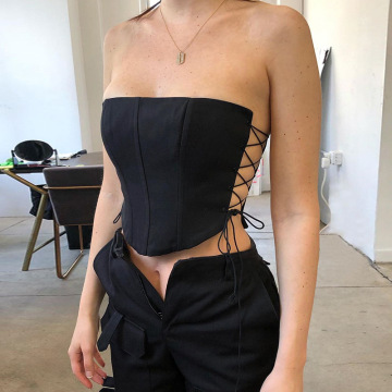 Women Sexy Sleeveless Chest Wrap Camisole Double-sided Lace Up Hollow Crop Top Off-shoulder Halter Bottoming Shirt Short Top New