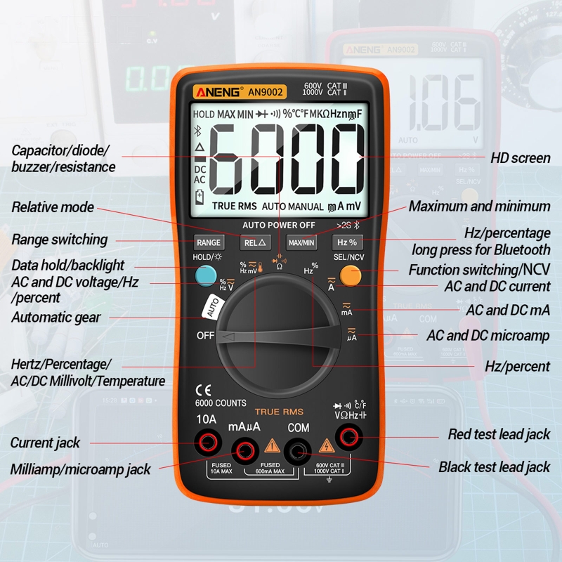 AN9002 True RMS Digital Professional 6000 Counts Bluetooth Multimetro AC/DC Current Voltage Tester Auto-Ranging Multimeter