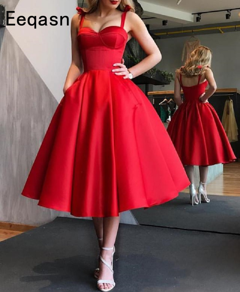 Elegant Red Short Cocktail Dresses Women Satin Party Dress Knee Length A Line Robe de Cocktail 2020 Prom Gown