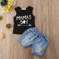 Summer Kids Baby Boys Clothes Set Toddler Sleeveless Sleeveless Hooded T-Shirt Letter Tops Short Jeans Outfits Clothing 2PCs