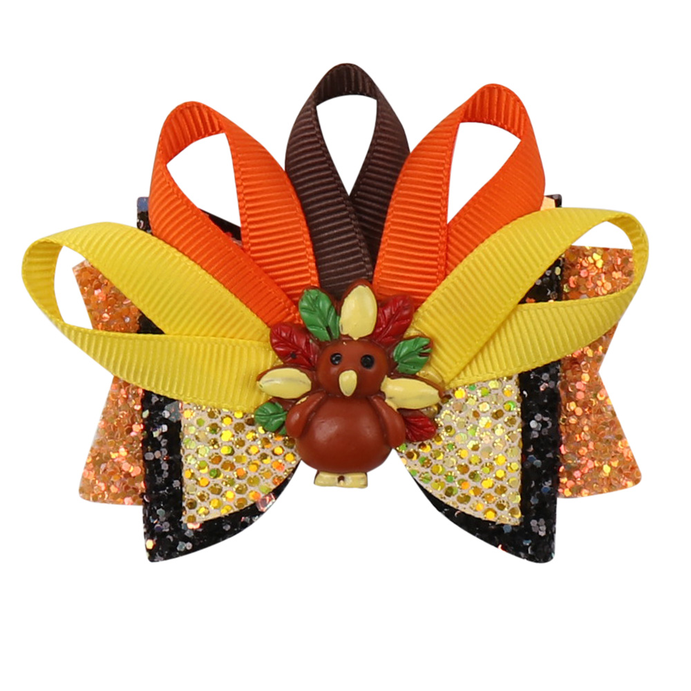 Thanksgiving Day 3'' Glitter Hair Bows for Girls Lovely Cartoon Turkey Hairpin Ribbon Bowknot Hair Clips Girls Hair Accessories