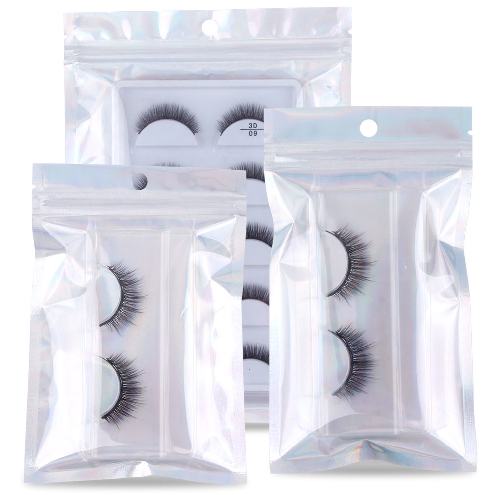 50/100/200/300Pcs Eyelash Packaging Boxes Idea Holographic Laser Zip Lock Bag Wholesale Lash Package Box Eye Lash Packaging Bags