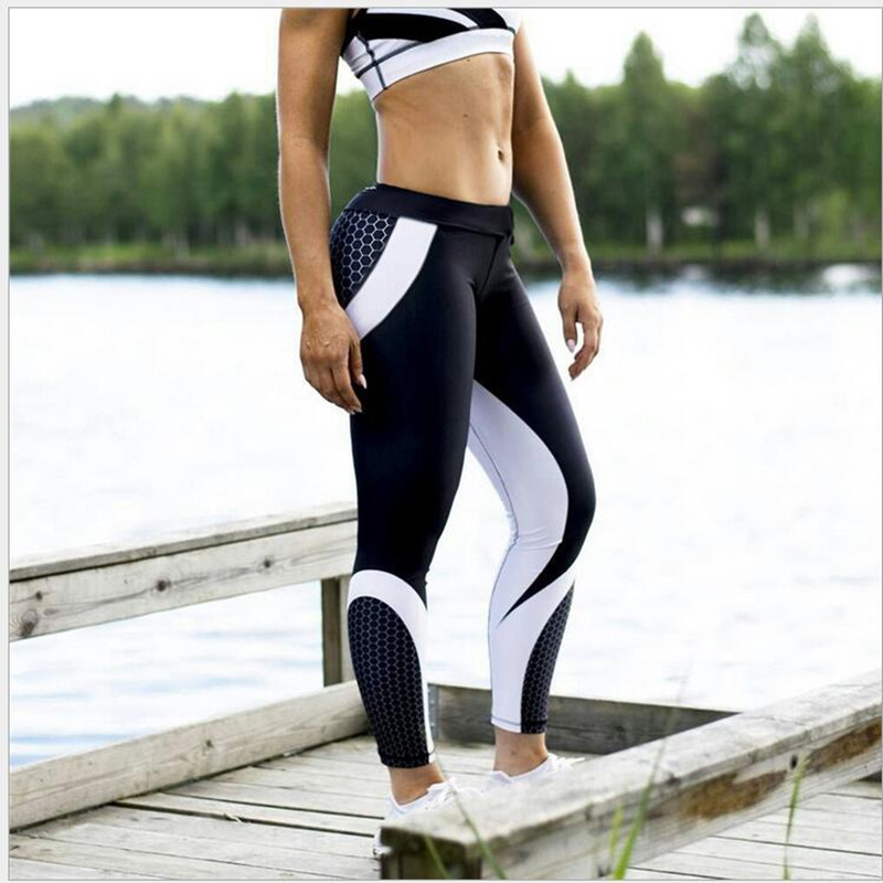 Yoga leggings Mesh Pattern Print Leggings fitness Leggings Sports leggings Workout Leggins Elastic Slim Black White Pants