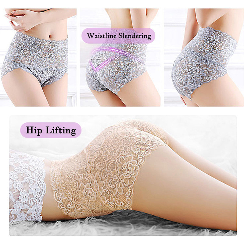 Women Panties Sexy Lace Underwear High Waist Briefs Knickers Mesh Floral Lingerie Female Seamless Briefs Underpants Plus Size