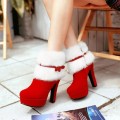 Big Size 34-43 Winter Female Ankle Snowboots High Heels Christmas Warm Short Plush Red Boots Women Bowtie Zipper Shoes Woman