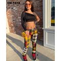 CM.YAYA Activewear Women Plaid Print Pants Leggings Mid Waist Pencil Trouser Draped Jogger Sweatpant