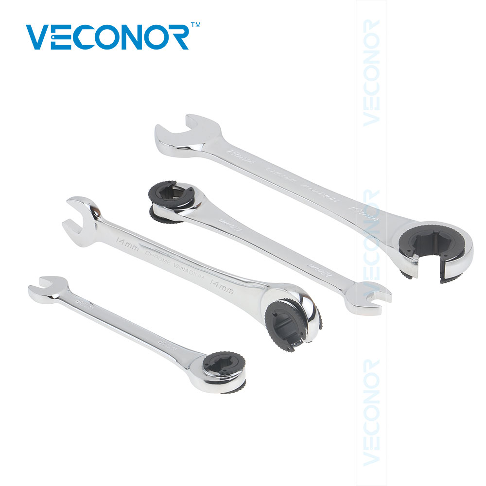 VECONOR Ratchet Flare Nut Wrench Tool 8-19mm Mirror Polish 72T Ratcheting High Torque Spanner Professional Repair Tool