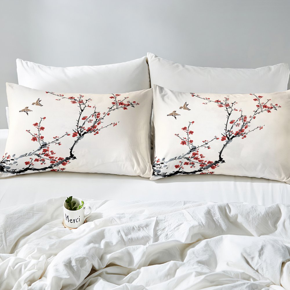 Winter Plum Blossom Flowers Comforter Sets Twin White Base Small Birds Duvet Cover Teens Youngs Red Flowers