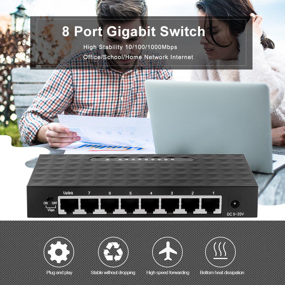 Newest 8 Ports High Speed Gigabit Network Switch 10/100/1000Mbps Ethernet Smart Switcher High Performance with DC Power Adapter