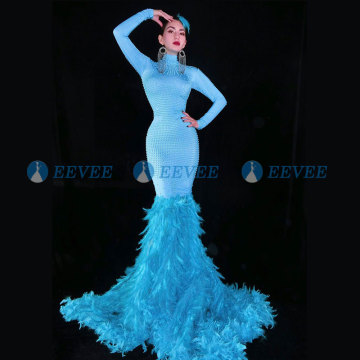 Blue full beads Dress Stage Wear Big Stretch drag queen dress Singer Evening Performance Feather long tail dress