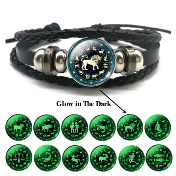 Wholesale Luminous Bracelet 12 Zodiac Leo Libra Sagittarius Capricorn Aquarius Braided Leather Bracelet Glowing Jewelry