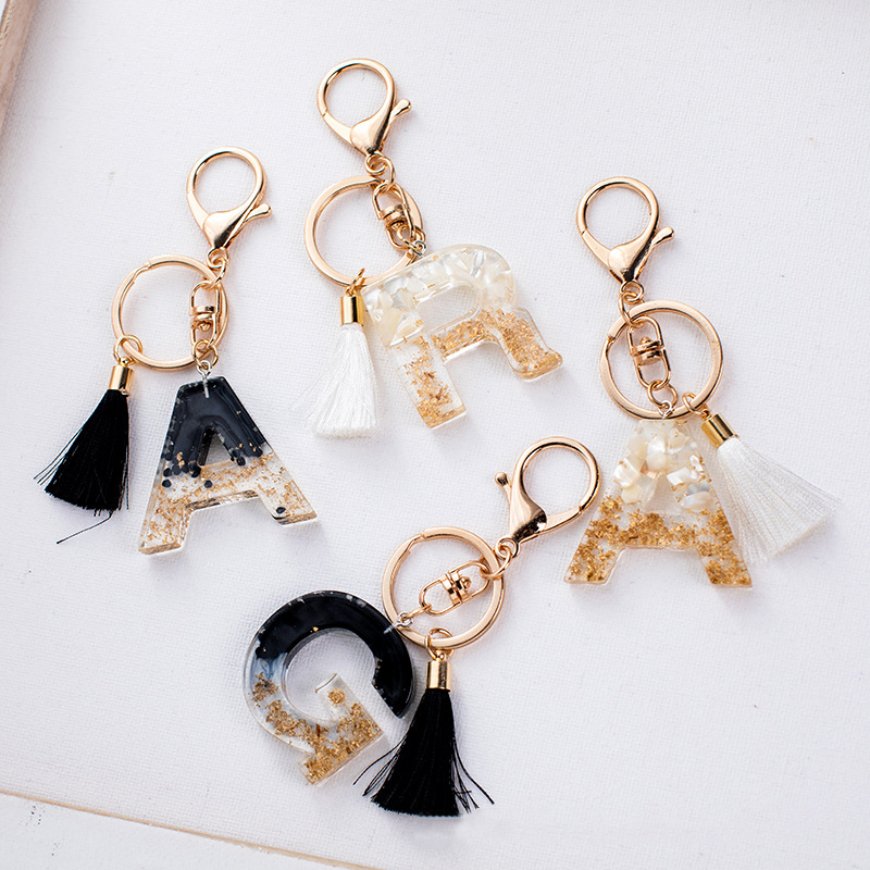 Cute Creative Letter Alphabet Crystal Arylic Liquid Keychain Women Key Chains Ring Car Bag Tassels Pendent Charm Gift Accessory