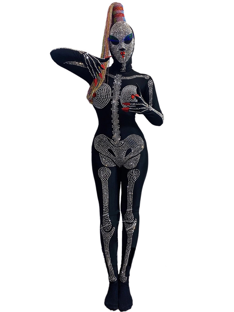 Halloween Cosplay Costumes Skeleton Bodysuit Skull Headwear Sparkly Stage Outfit Gogo DJ Performance Clothes Rave Wear VDB2628