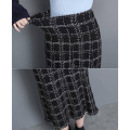 Vintage Plus Size Black Plaid Tweed Skirt Women Midi Long High Waist A-line Knitted Skirt Office Lady Slim Business Work Clothes