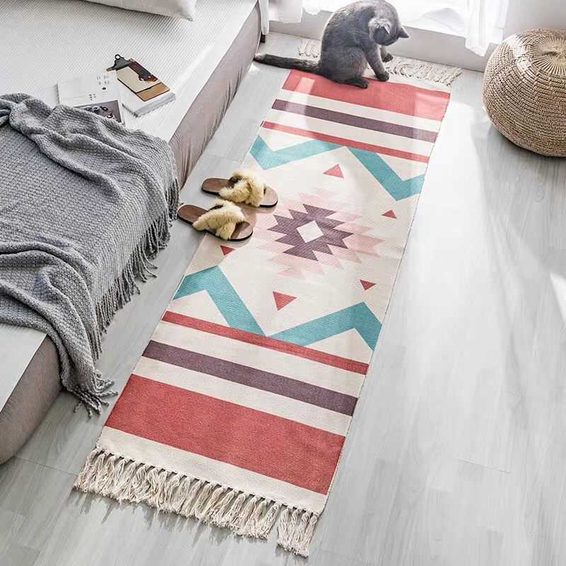 Retro Carpet For Sofa Living Room Bedroom Hand Woven Rug Cotton Tassel Yarn Dyed Table Runner Bedspread Tapestry Home Decoration