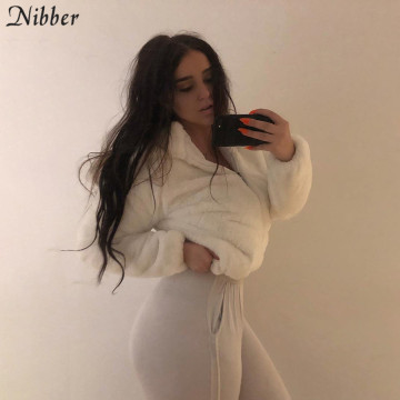 Nibber fall winter white Hairy coat women tops mujer office lady street leisure pure Elegant Hoodie loose jacket warm coat mujer