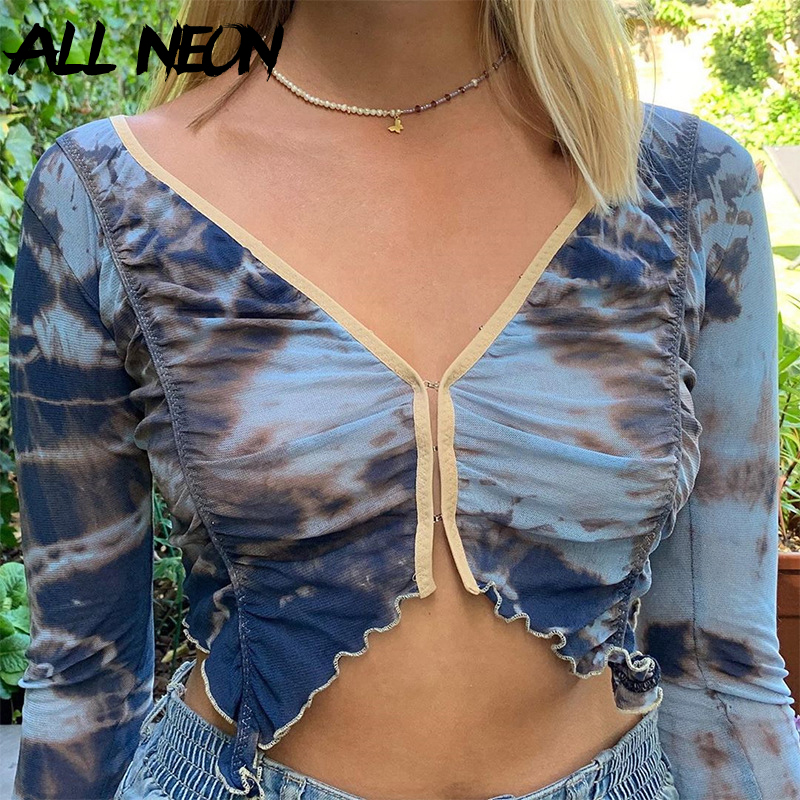 ALLNeon Y2K Aesthetics Tie Dye Ruched Crop Tops Vintage E-girl V-neck Long Sleeve Ruffles Anomalistic Hem T-Shirts 90s Punk Tee