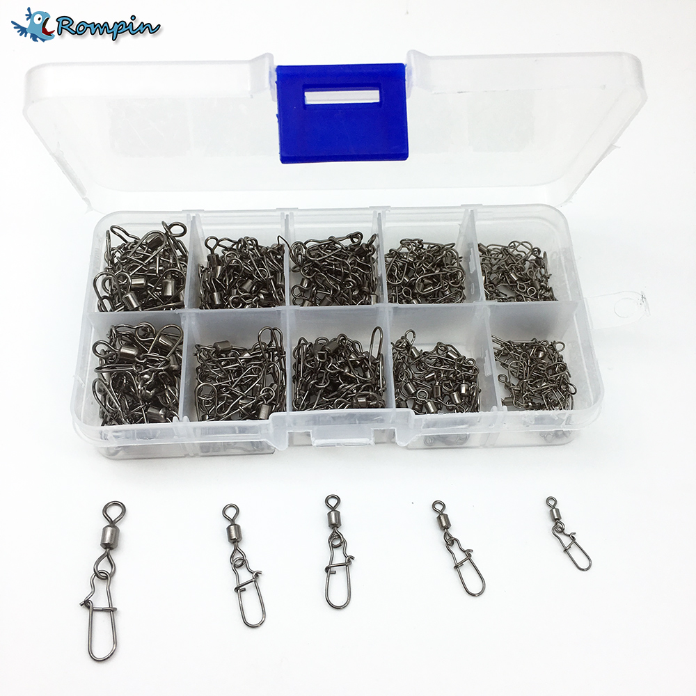 Rompin 210pcs/box Fishing Rolling Swivels Snap Pin Line Connectors 2# 4# 5# 6# 8# Solid Barrel Swivel Rings Snap Fishing Swivels