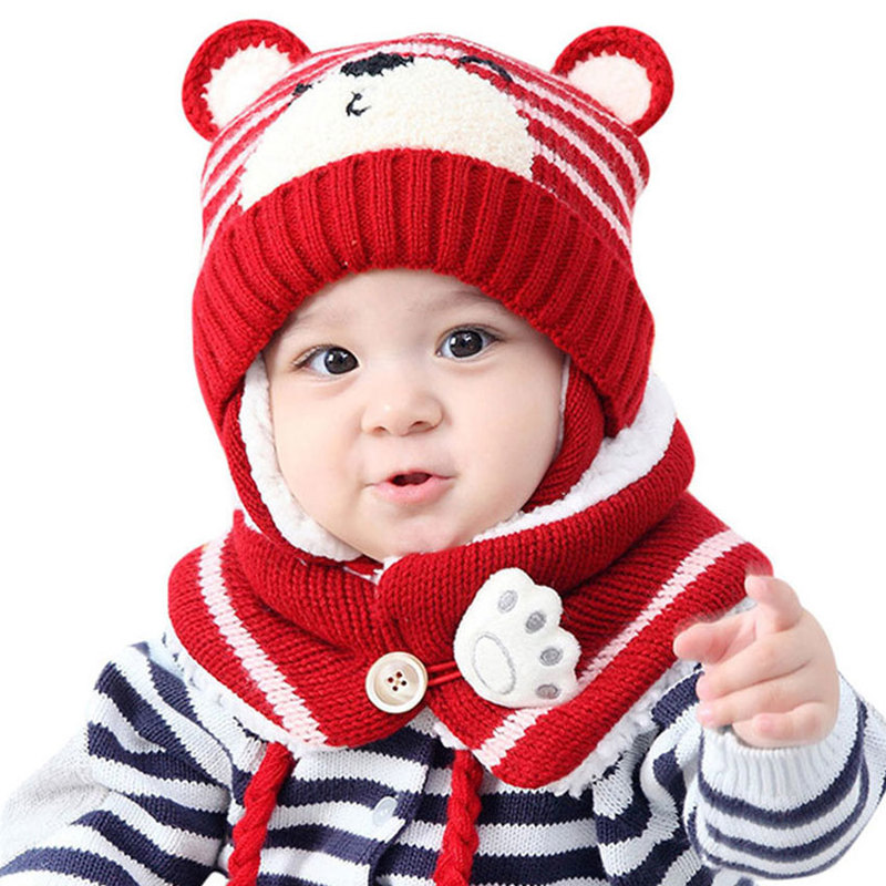 2pcs Unisex Kids Cartoon Bear Stripe Hats Scarf Baby Cap Set Girl Boy Cap Scarf Set Child Winter Earmuffs Hat Scarf Warm Suit