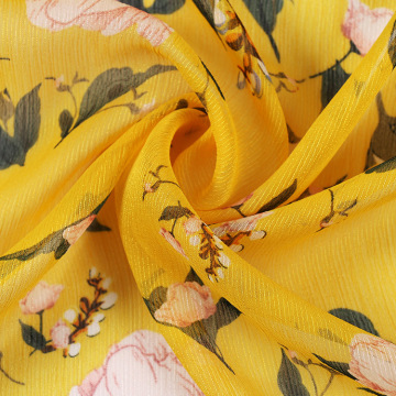 Soft Yellow Floral Printed Bright Silk Chiffon Tulle Fabric for Dress Shirts, by the Meter