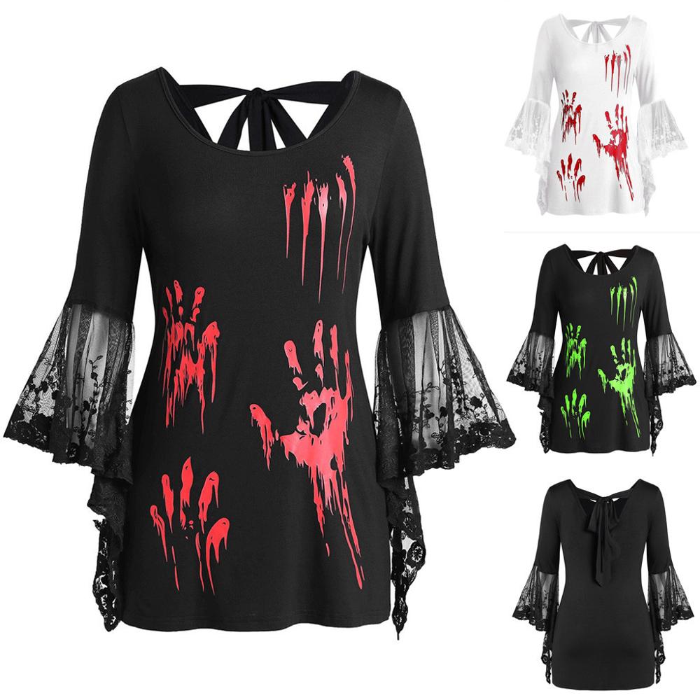 Women sexy costumes Plus Size Halloween Lace Flare Sleeve Blood Hands Print Back Knotted Top medieval dress Angel wings #7