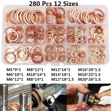 280Pcs/Set Seal Assortment Set Copper Washer Gasket Nut Oil Copper Rings Discs MAL999