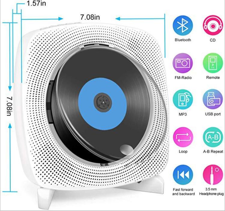 Portable CD Player Wall Mountable Bluetooth Home FM Radio Built In HiFi Speakers with Remote Control supports MP3 WMA VCD DVD