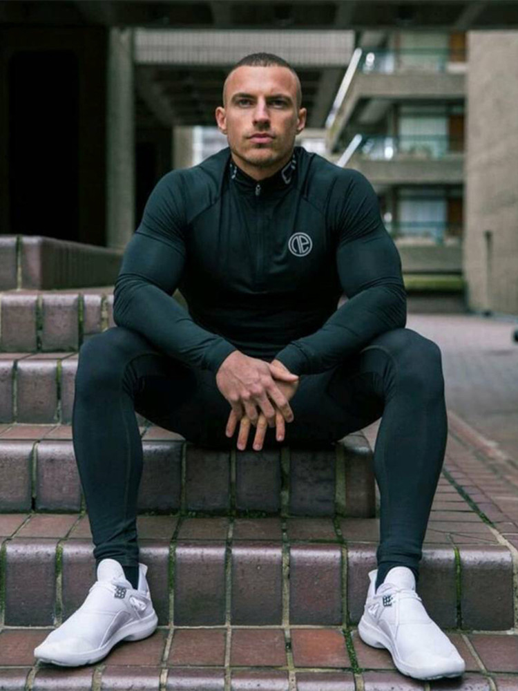 New Men Fitness Three-Piece Bodybuilding Cycling Stretch Tracksuits Tight Long Sleeve Sportswears+Men's 2 in 1 Leggings pants