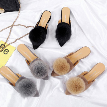 Women's Fur Slippers Spring Pointed Toe Ladies Fashion Mules Outside Suede Leather Woman Shoes Low Heels Elegant Female Slipper