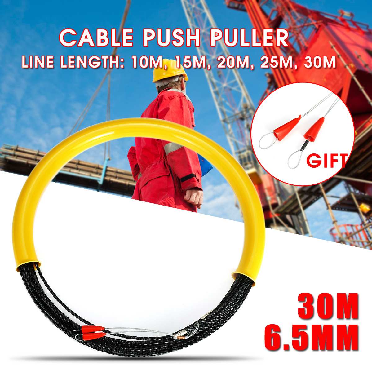 10/15/20/25/30M 6.5mm Cable Push Puller Rodder Conduit Fish Tape Fiberglass Cable Tested Wire Pullers Guide Device