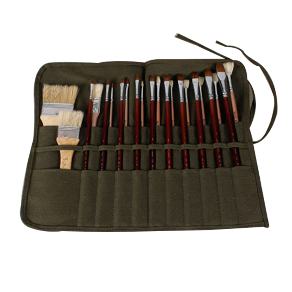 Pencil Bag Painting Brush Bag Artist Watercolor Draw Pen Oil Paint Pen Stationery Cases Holder Roll Up Army Green Canvas Pouch