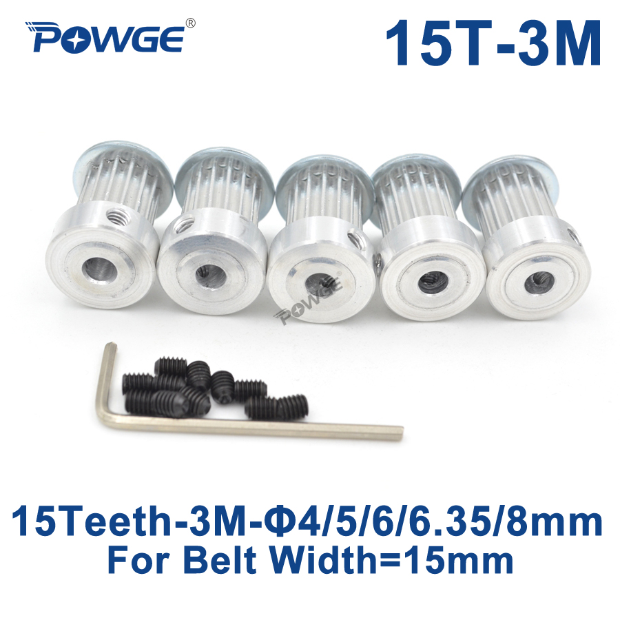 POWGE 5pcs 15 Teeth HTD 3M Timing Pulley Bore 4mm 5mm 6mm 6.35mm 8mm for Width 15mm 3M timing belt HTD3M Pulley 15Teeth 15T