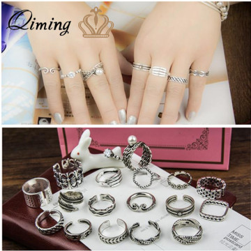 QIMING Steampunk Turkish Finger Toe Ring Set Leaf Pearl Leaves Stone Knuckle Punk Rings Female Women Vintage Thai new Jewelry