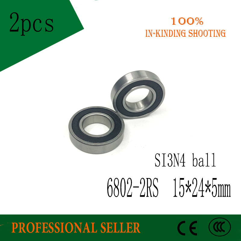 Free shippng 2PCS 6802 2RS Si3N4 hybrid Ceramic Ball Bearing Rubber Sealed 61802 Bike Parts 15x24x5mm 6802 rs