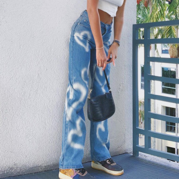 New High Waist Wide Leg Women Jeans Boyfriend High Waist Slim Love Printed Straight Tube Cargo Pants Casual Street Denim Pants