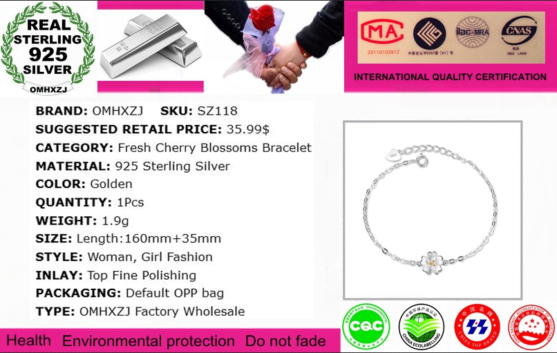 OMHXZJ Wholesale Simple Fashion Sweet Woman Girl Party Gift Golden Fresh Cherry Flower 925 Sterling Silver Bracelet Bangle SZ118